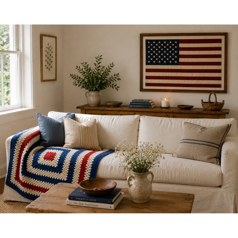 Vtg Patriotic Blanket Handmade Crochet Granny Square 42" Americana Throw‎ July 4